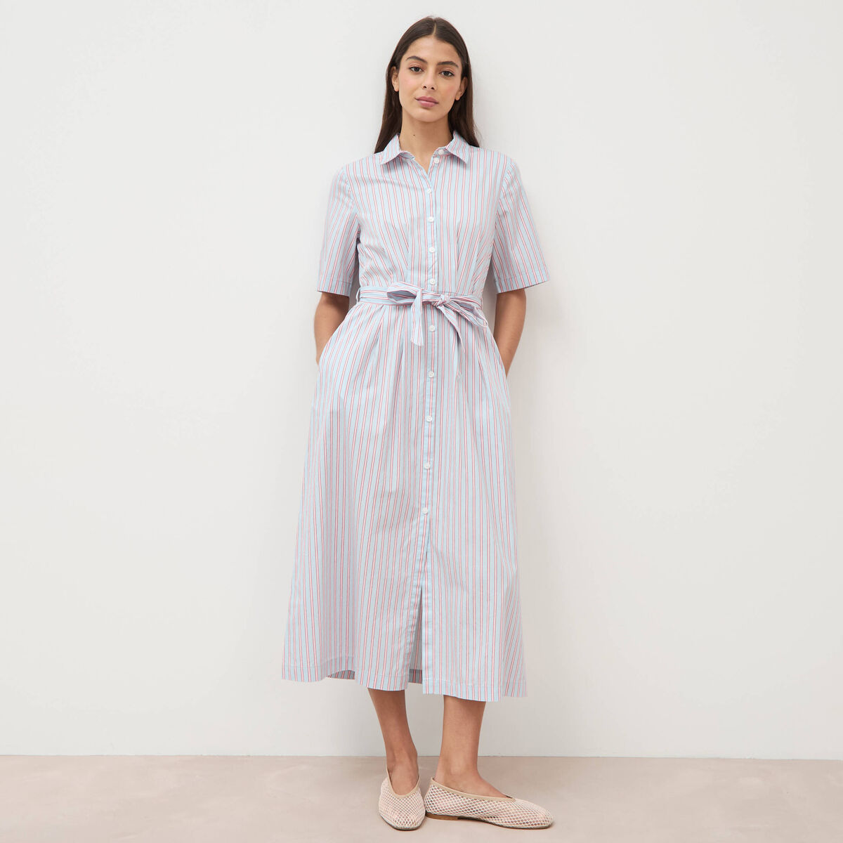 Robe longue droite manches courtes bleu ciel femme