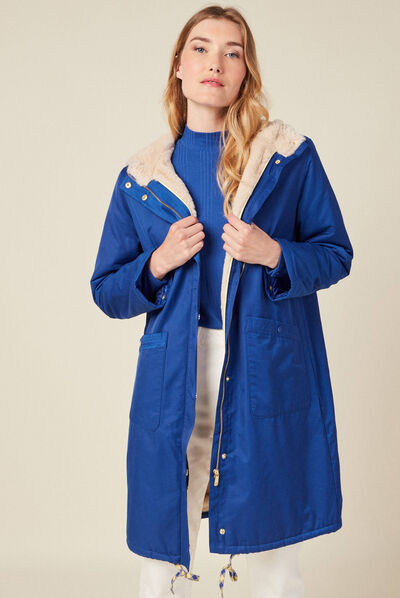 Parka droite à capuche doublée bleu electrique femme