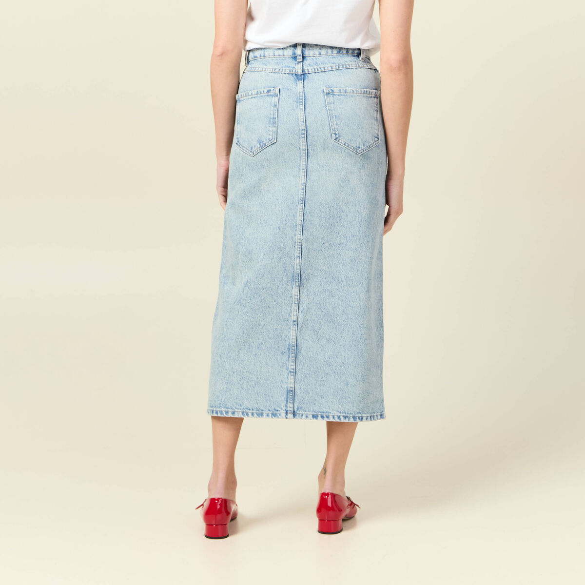 Jupe midi droite en jean denim bleach femme