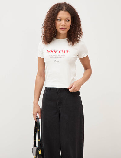 T-shirt cintr&eacute; col rond manches courtes ecru femme