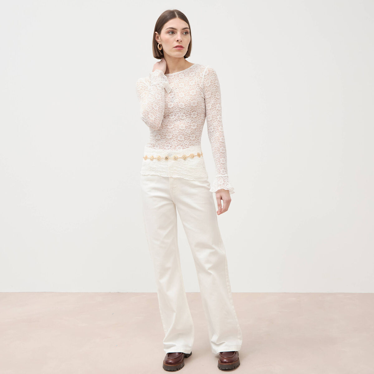 Jeans large taille haute denim blanc femme
