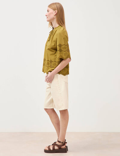 Blouse en coton manches courtes dentelle vert kaki femme