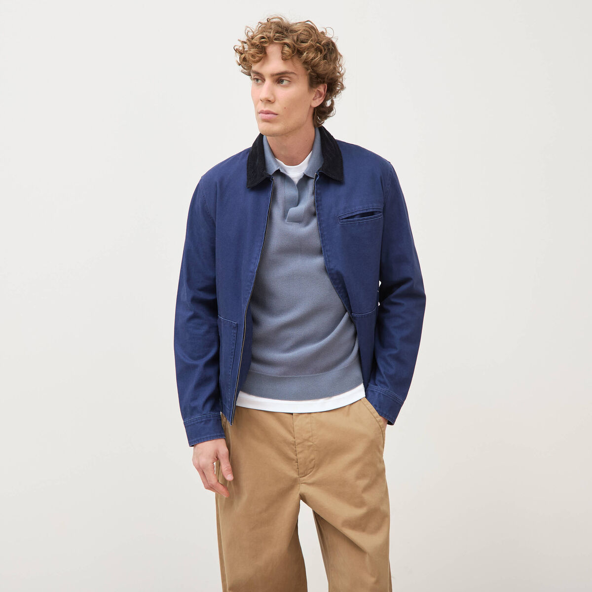 Pull droit col polo manches longues bleu gris homme