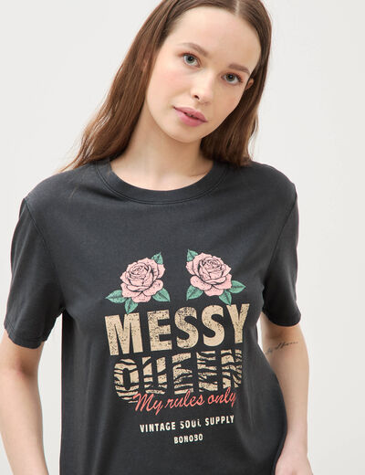 T-shirt droit col rond manches courtes noir femme