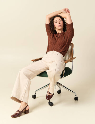 Polo col polo manches coude en coton marron fonc&eacute; femme