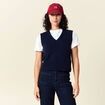 Pull sans manches col en V bleu marine femme