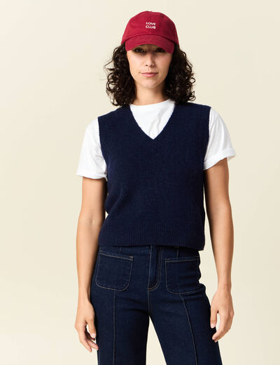 Pull sans manches col en V bleu marine femme