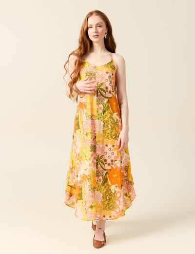 Robe longue droite orange corail femme