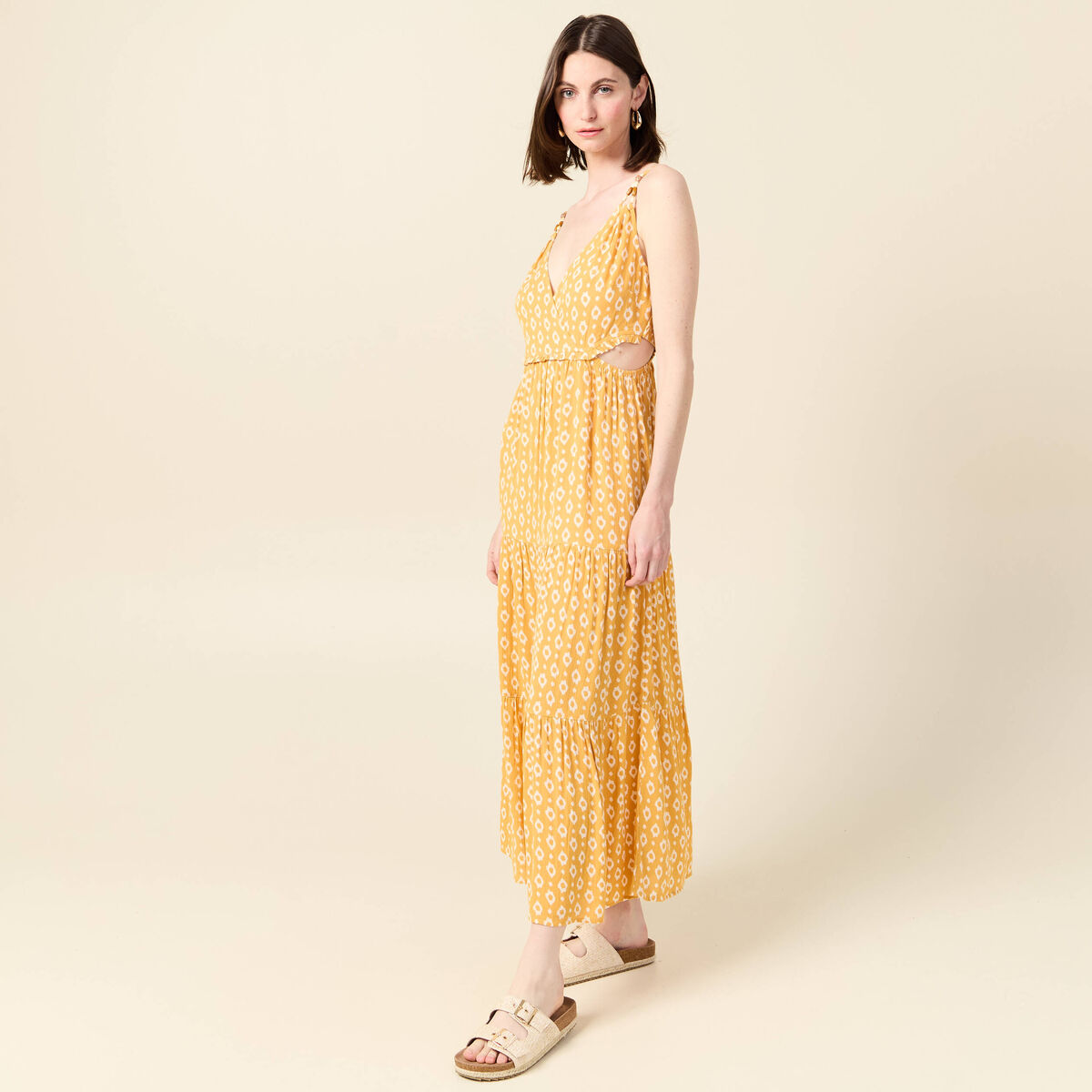 Robe longue évasée à perles jaune femme