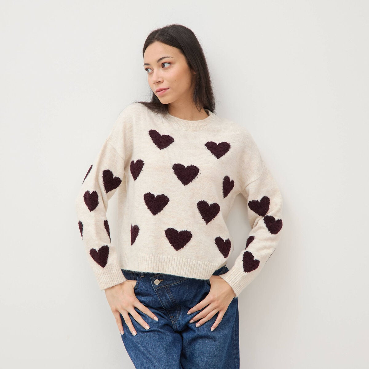 Pull manches longues bouclette col rond prune femme