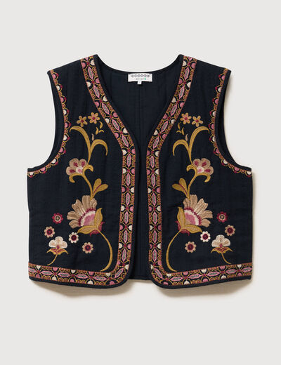 Gilet droit court sans manches doubl&eacute; noir femme