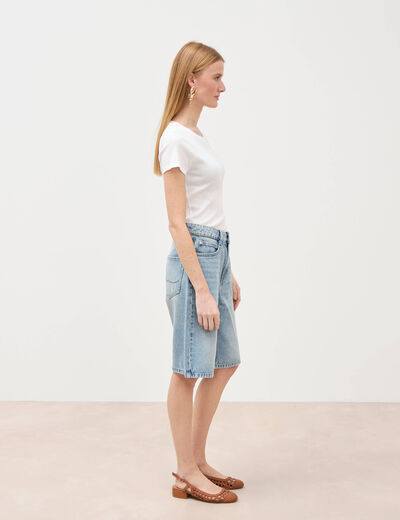 Bermuda large taille haute en coton denim used femme