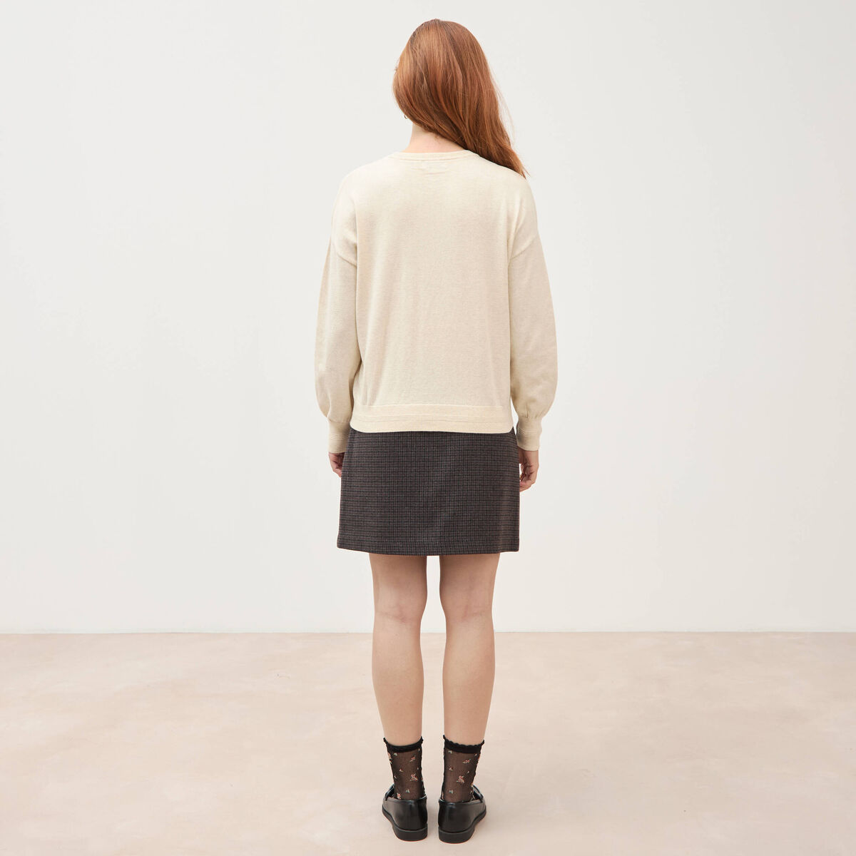 Pull droit col rond manches longues creme femme