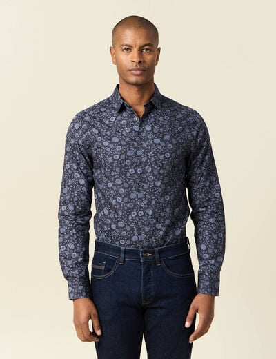Chemise cintr&eacute;e en coton manches longues bleu marine homme
