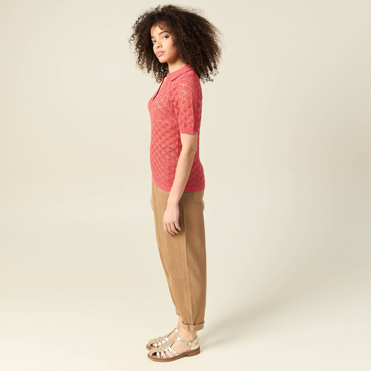 Pull manches courtes ajour&eacute; rouge femme