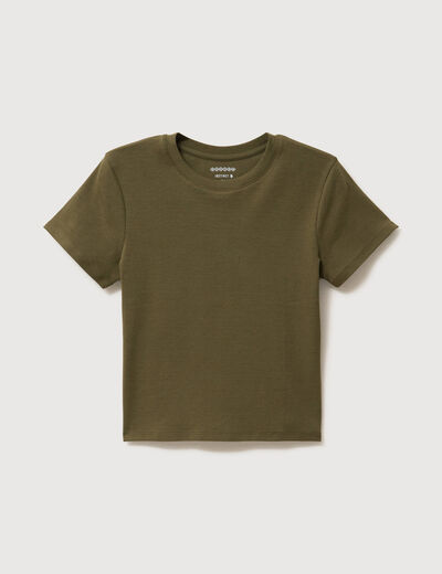 T-shirt ajust&eacute; col rond manches courtes vert olive femme