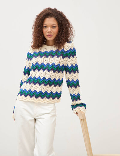 Pull ajour&eacute; coton manches longues ecru femme