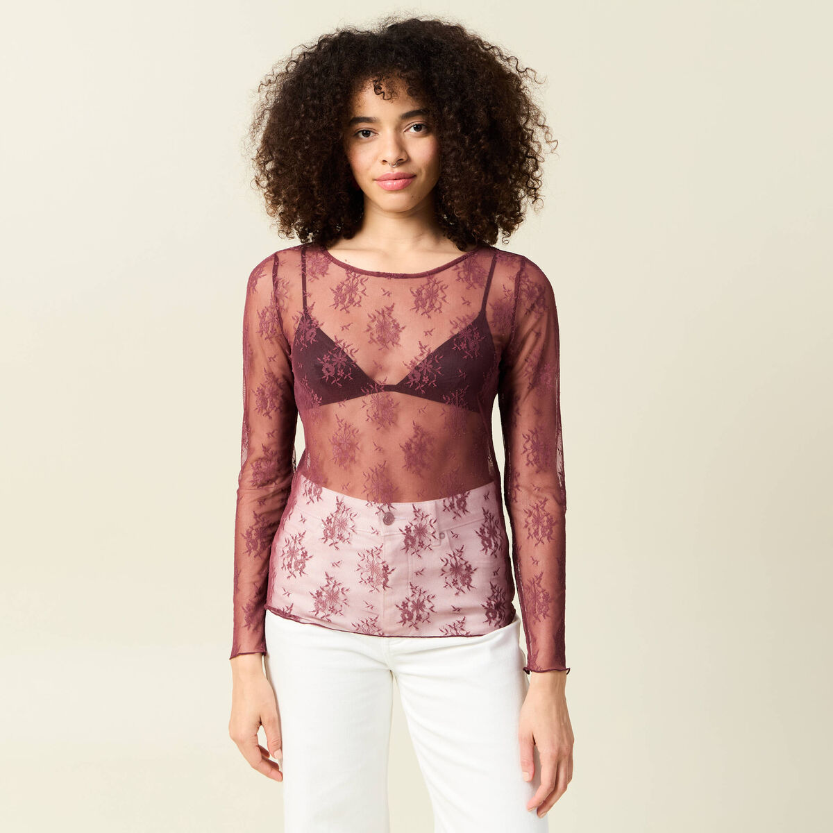 T-shirt ajust&eacute; manches longues col rond bordeaux femme
