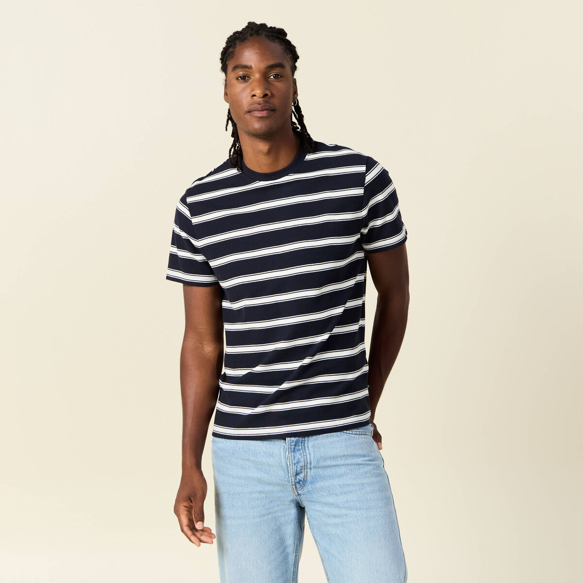 T-shirt ray&eacute; col rond manches courtes ecru homme
