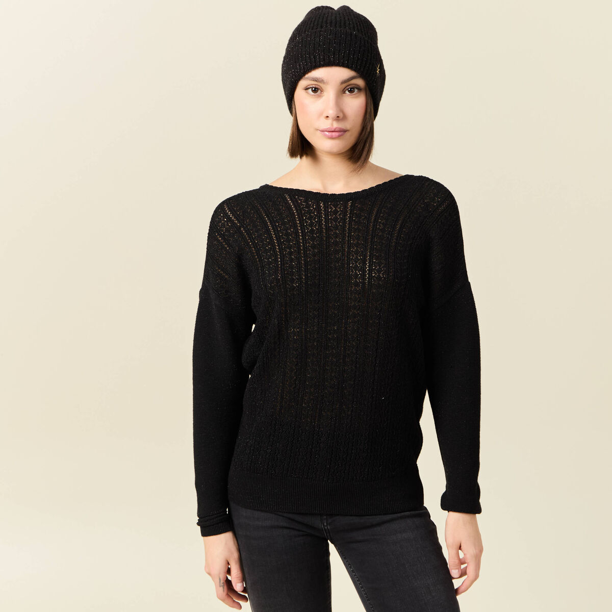 Pull manches longues ajouré noir femme