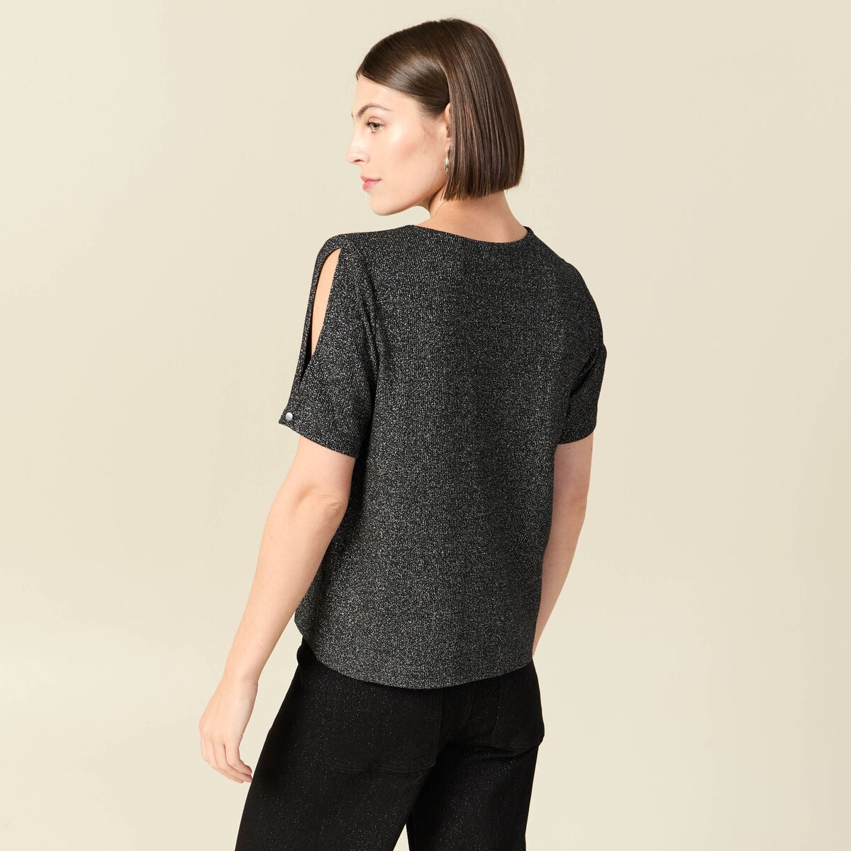 T-shirt manches courtes brillant noir femme
