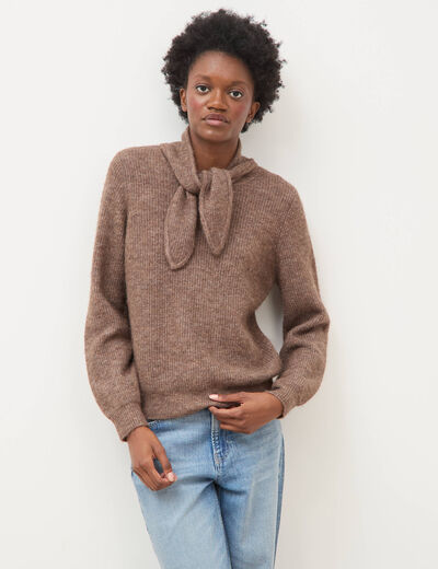 Pull droit col montant manches longues marron femme