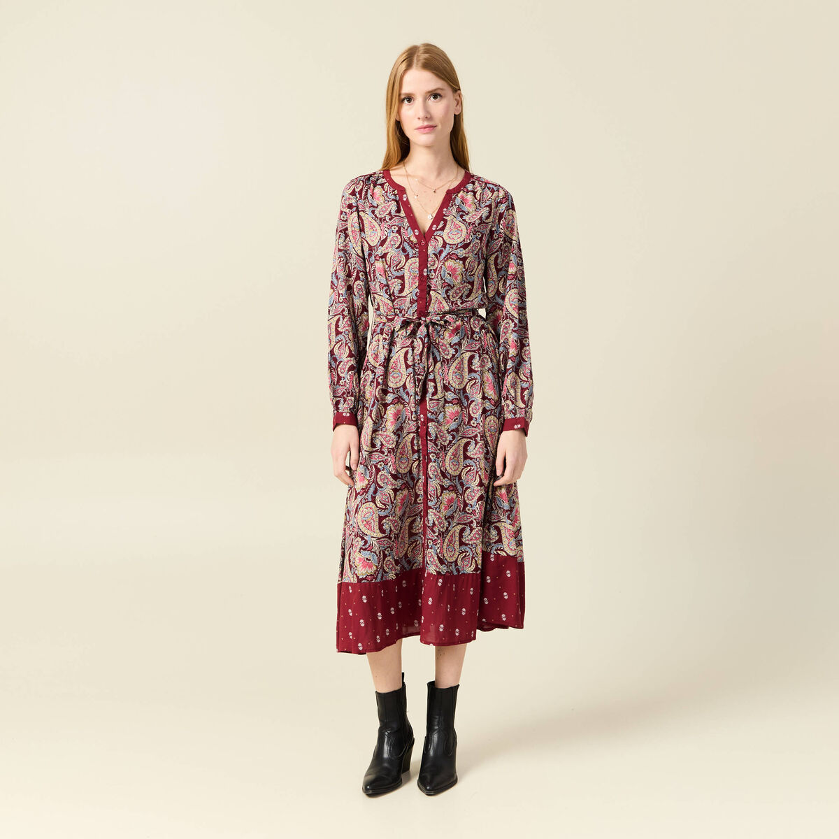 Robe midi chemise évasée rouge foncé femme
