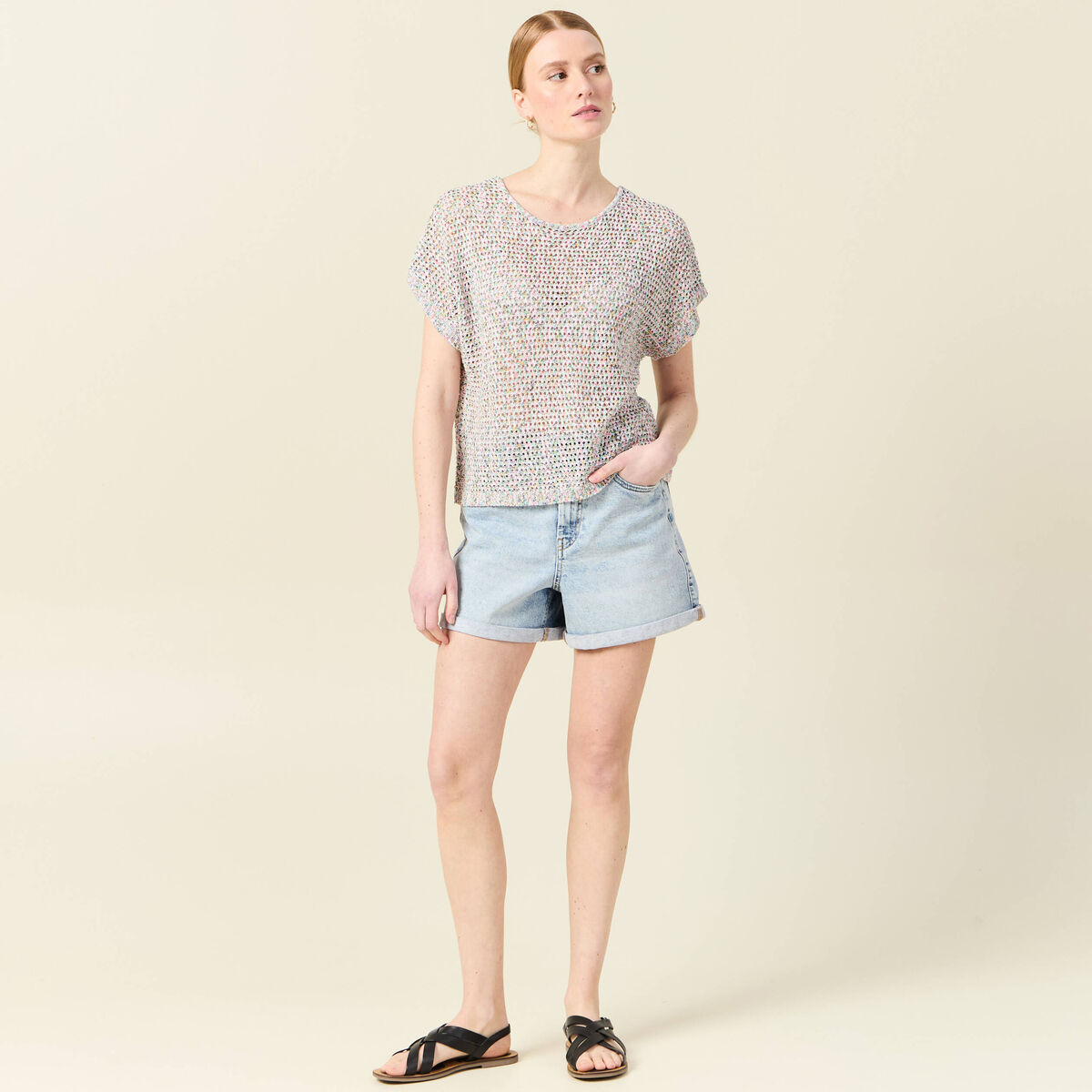 Pull crochet manches courtes vert kaki femme