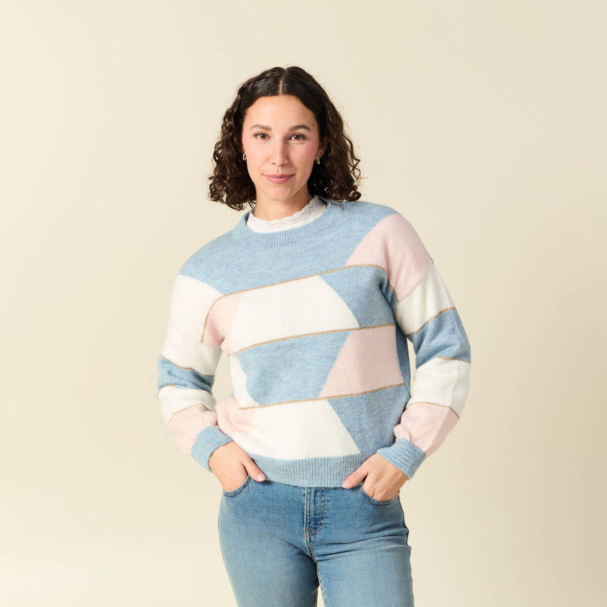 Pull col rond manches longues mauve femme