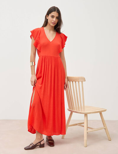 Robe col v manches courtes orange fonc&eacute; femme