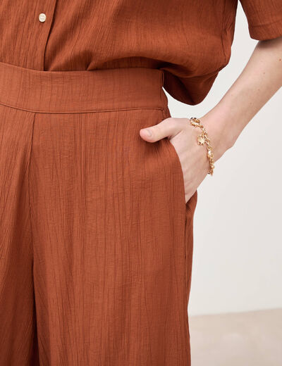 Pantalon large taille haute fluide marron femme