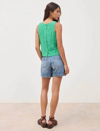 Blouse vichy droite cropped sans manches vert femme