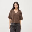 Pull droit col rond manches courtes marron femme