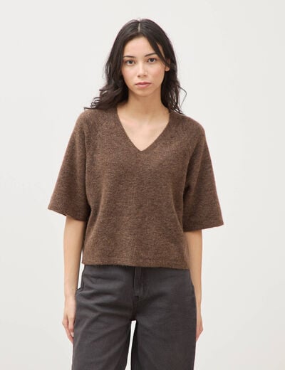Pull droit col rond manches courtes marron femme