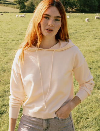 Sweat &agrave; capuche manches longues creme femme
