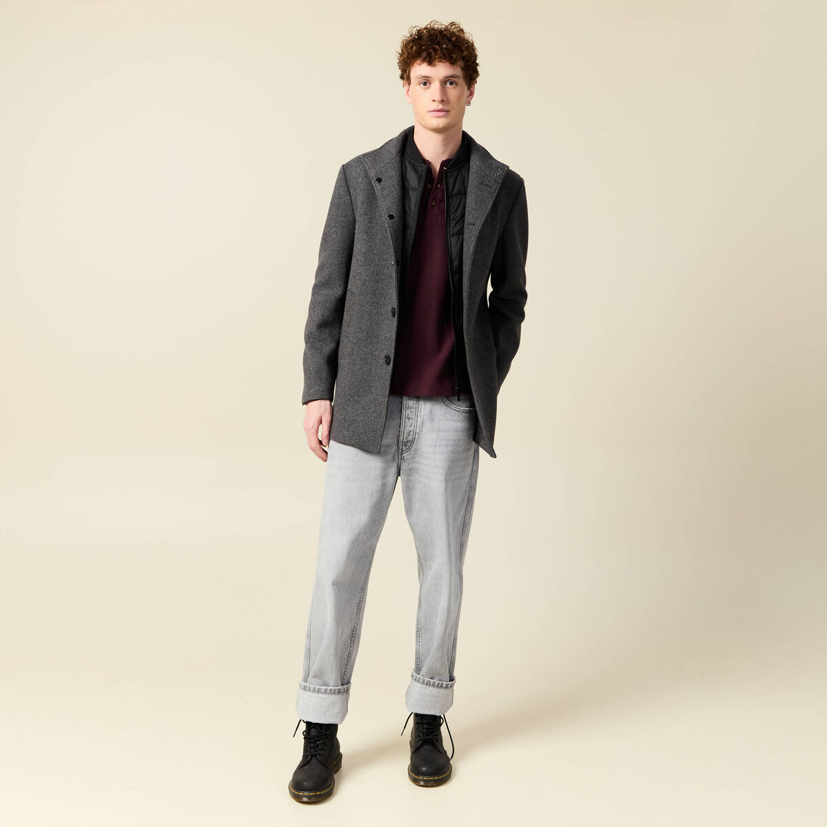 Manteau droit mi-long col montant gris fonc&eacute; homme