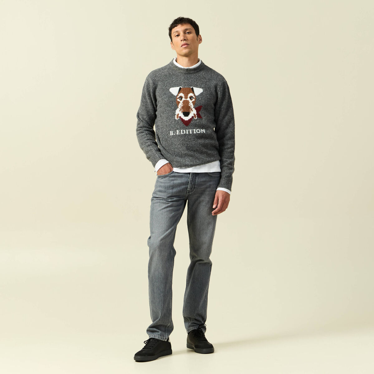 Pull col rond manches longues gris fonc&eacute; homme