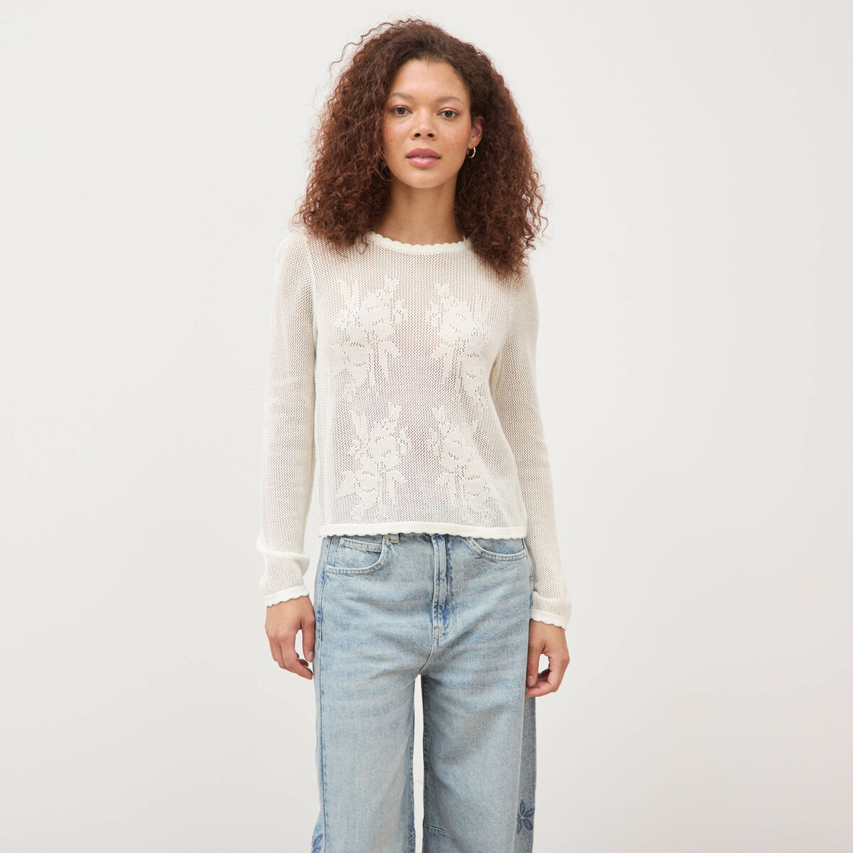 Pull ajour&eacute; col rond manches longues ecru femme