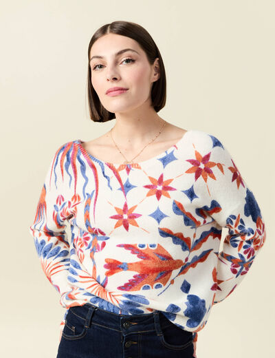 Pull manches longues col en V creme femme