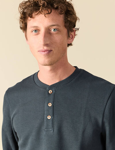 T-shirt cintr&eacute; en coton manches longues bleu gris homme
