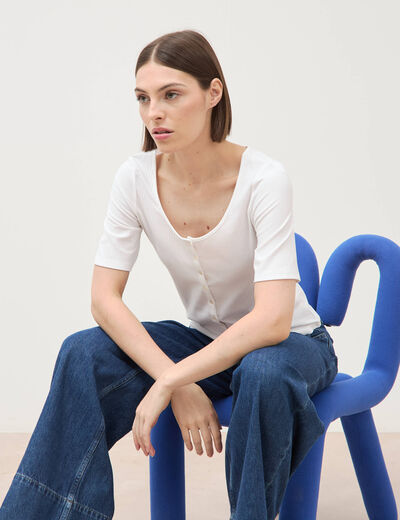 T-shirt c&ocirc;tel&eacute; ajust&eacute; manches courtes blanc femme