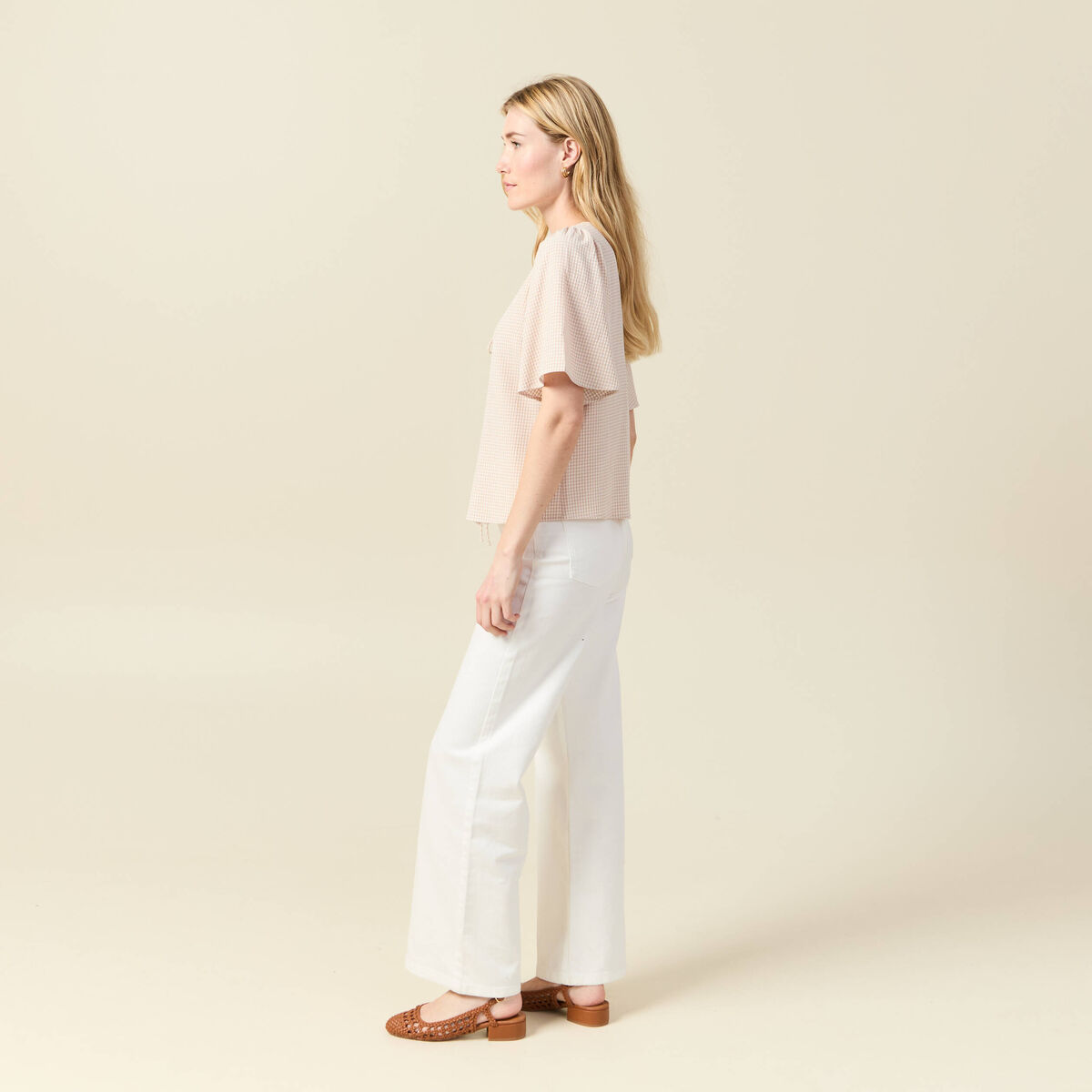 Blouse manches courtes nouée marron clair femme