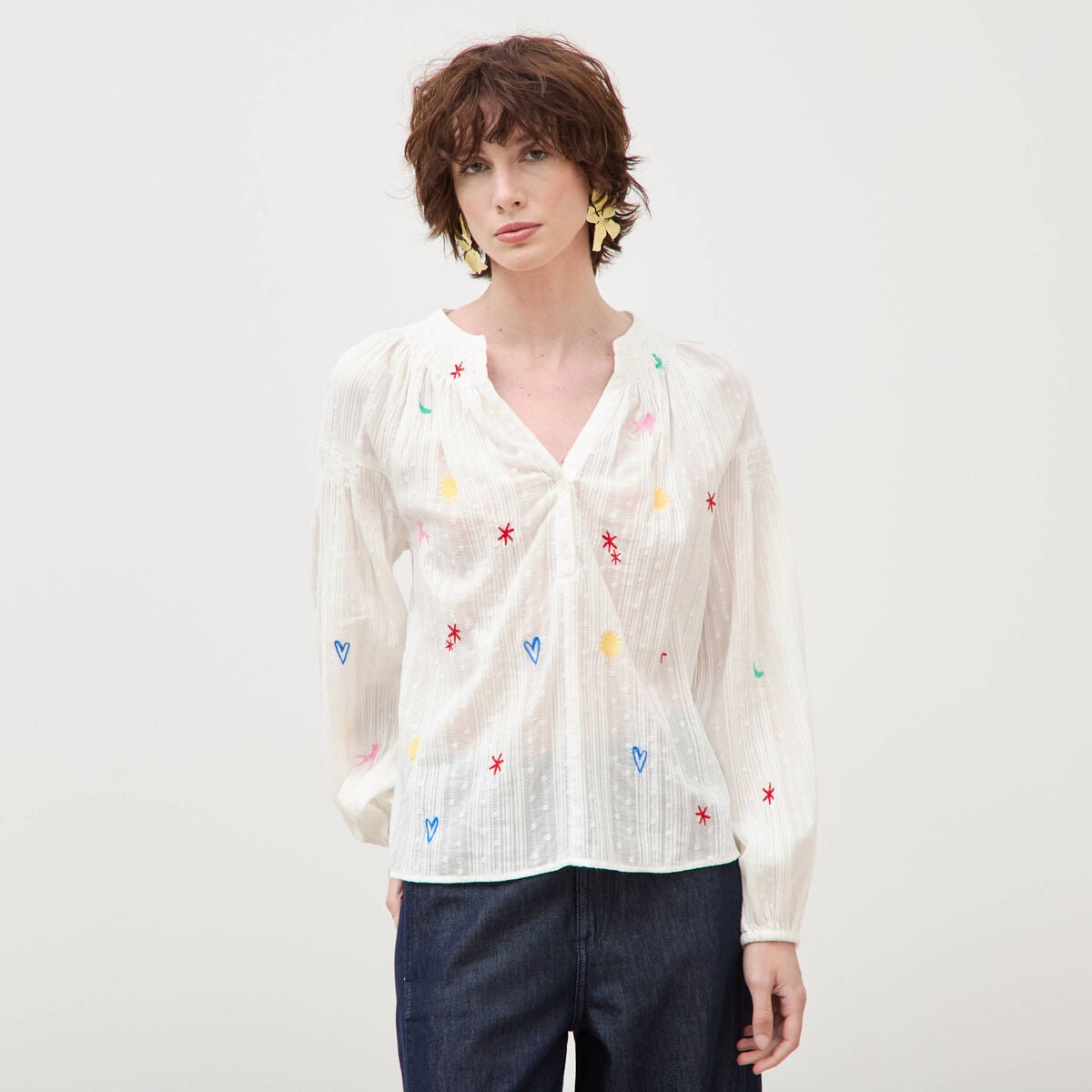 Blouse ample col mao manches longues ecru femme