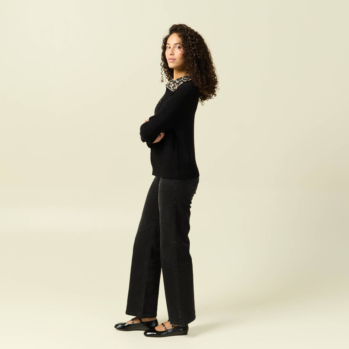 Pull col camionneur manches longues noir femme