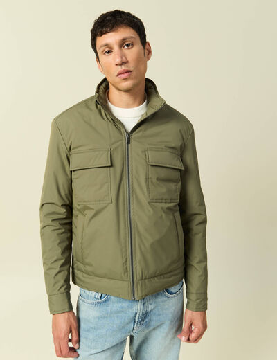 Blouson droit court &agrave; capuche vert kaki homme