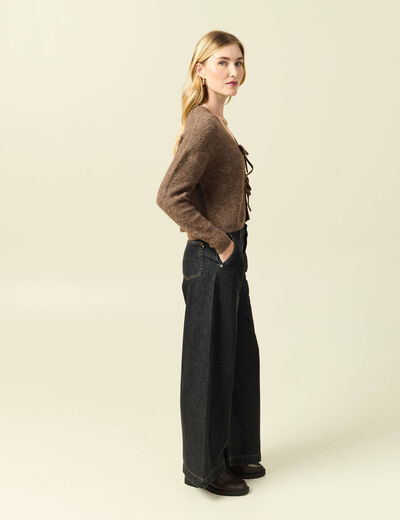 Gilet col V manches longues n&oelig;uds marron femme