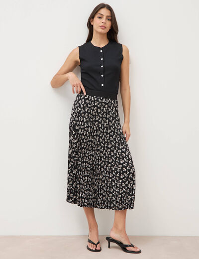 Jupe longue droite pliss&eacute;e noir femme