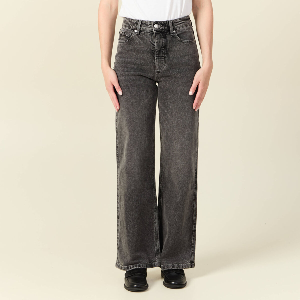 Jeans large taille haute denim snow gris femme