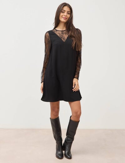 Robe courte &eacute;vas&eacute;e manches longues noir femme