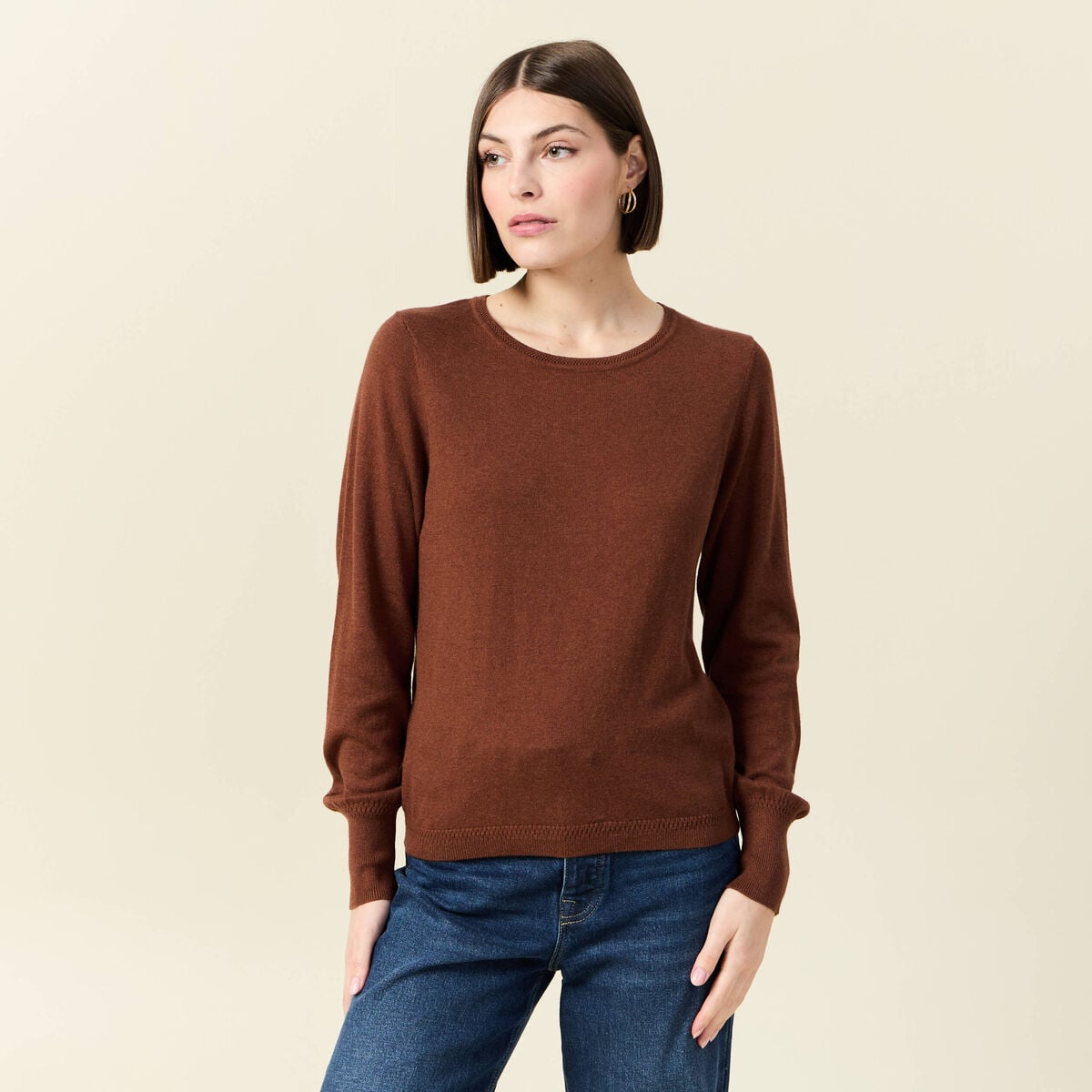 Pull manches longues marron fonc&eacute; femme